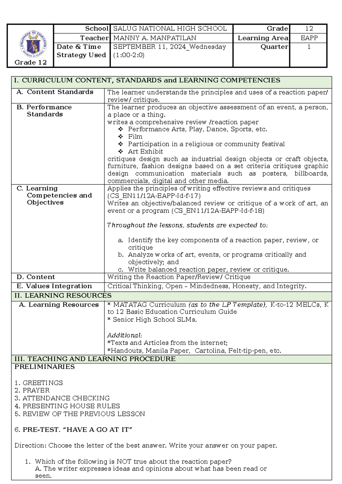 Lesson Plan on Writing Reaction Papers & Critiques (CO1 A) - Studocu