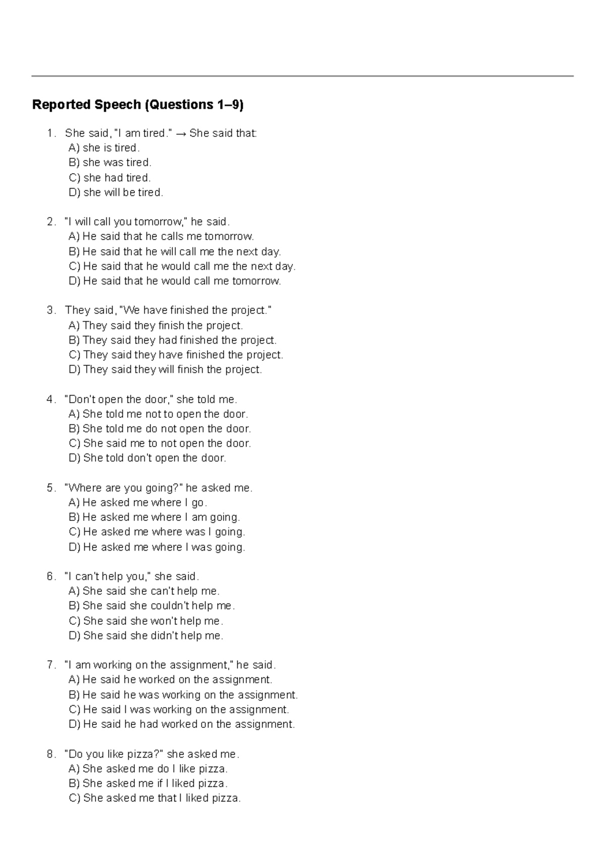 Test Reported Speech (Questions) - Tenses Test Level B2 - Studocu