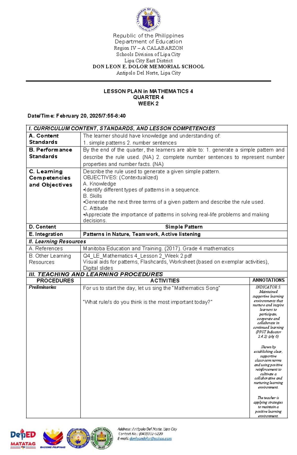 COT-MATH 4th Quarter Lesson Plan: Simple Patterns and Number Sentences ...