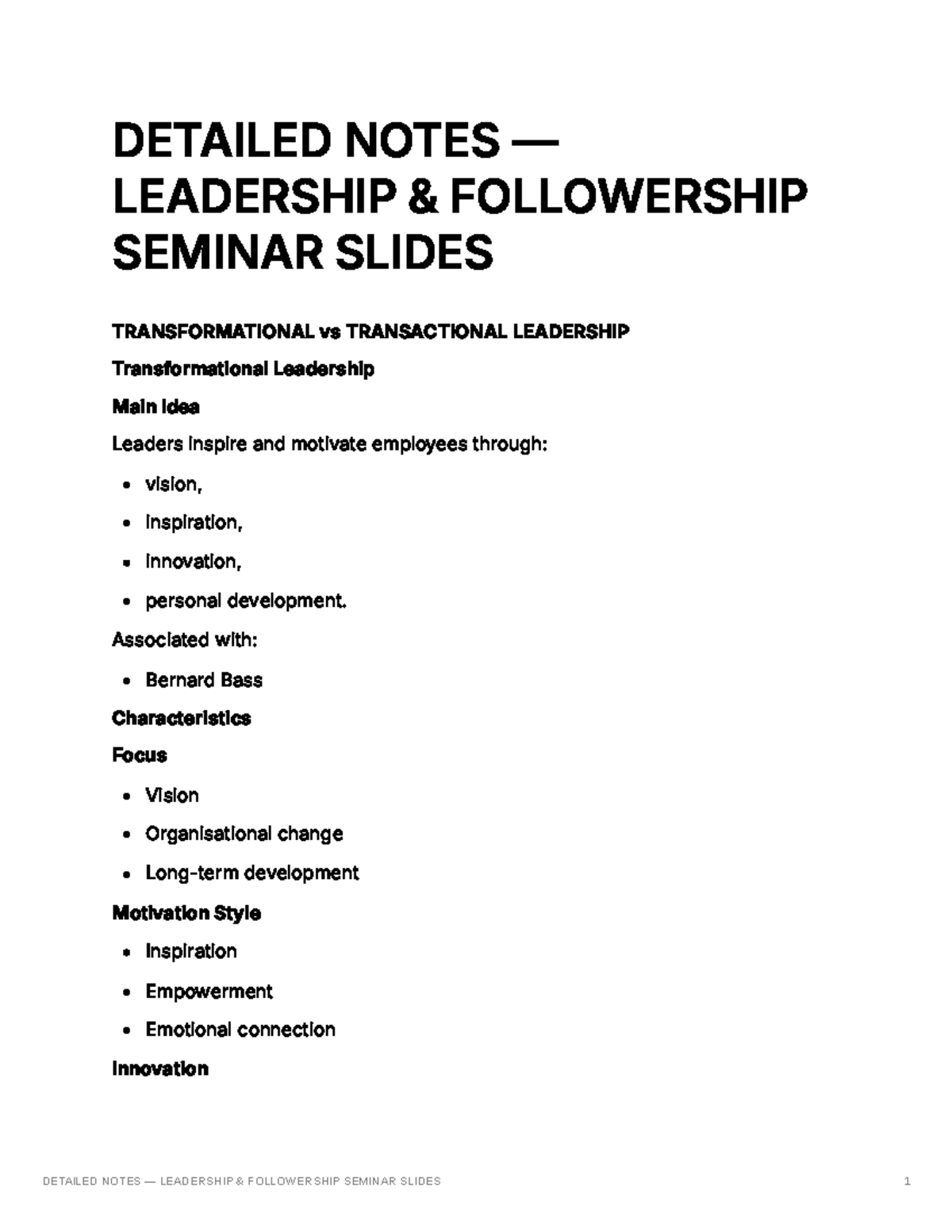 LEADERSHIP & FOLLOWERSHIP SEMINAR NOTES: TRANSFORMATIONAL vs ...