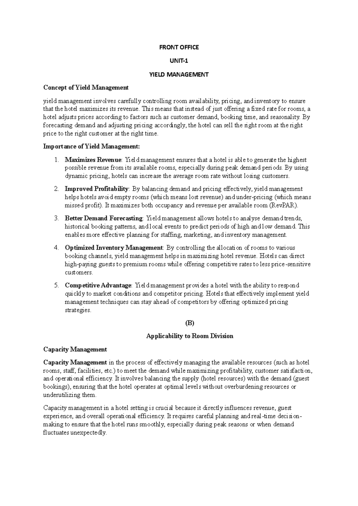 FO 6th sem Writing - Summary Business management - FRONT OFFICE UNIT- 1 ...