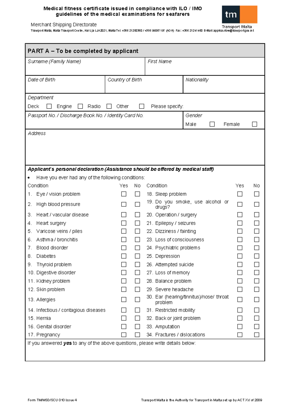 Medical Fitness Certificate Form TM MSD SCU 010 For Seafarers Studocu