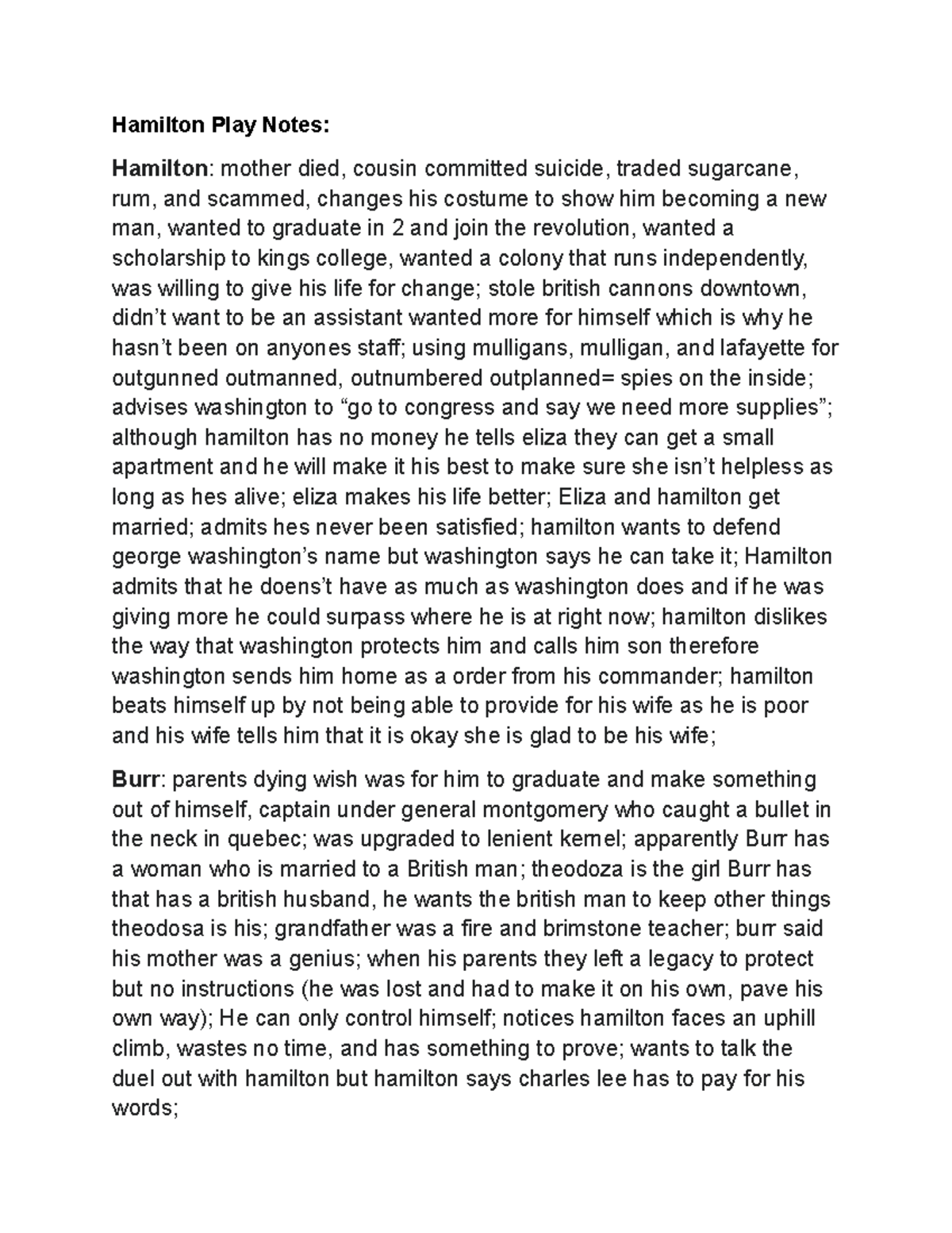 Theatre 102: Hamilton Play Notes on Characters and Themes - Studocu