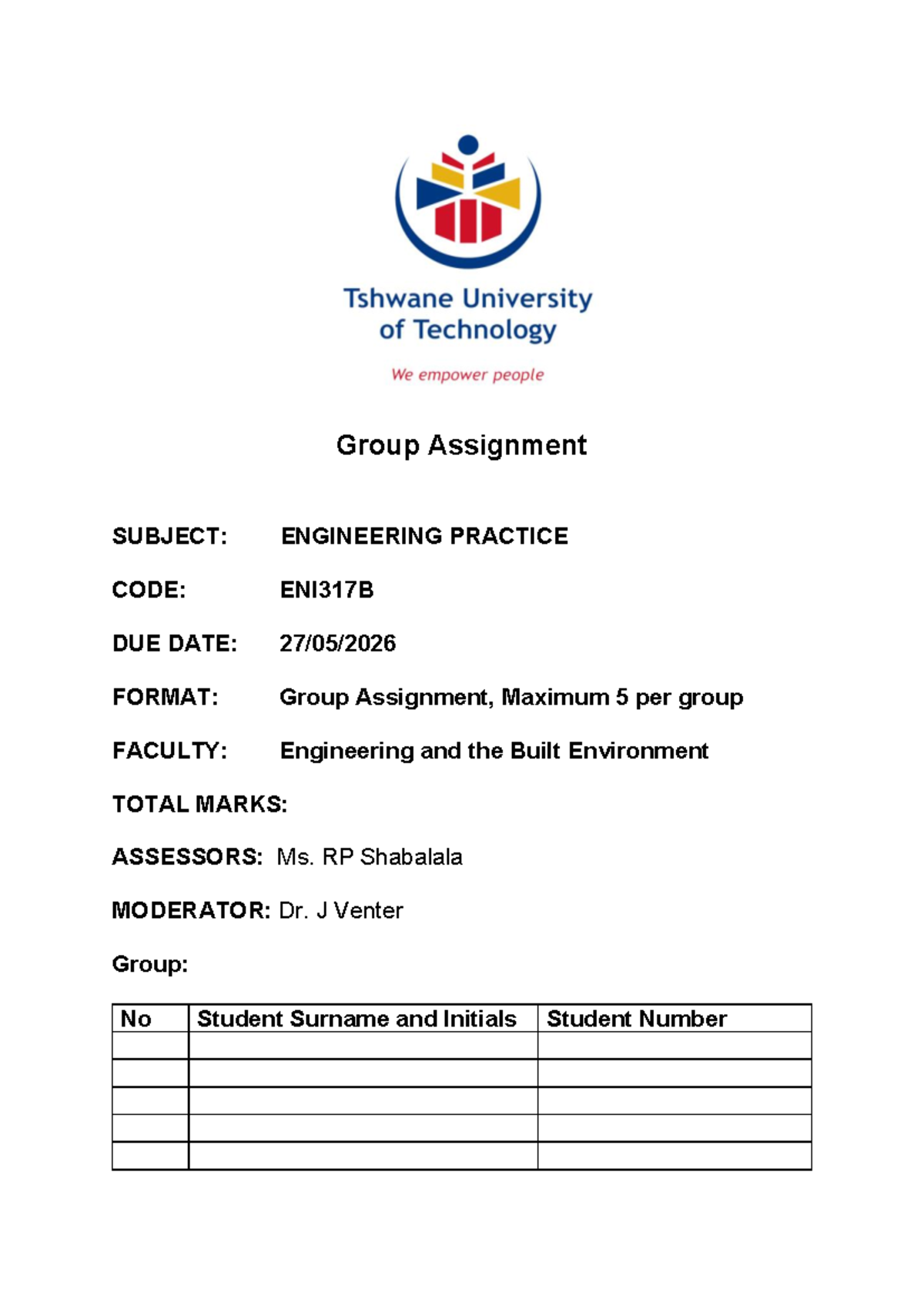 ENI317B Group Assignment - Engineering Practice 2026 - Studocu