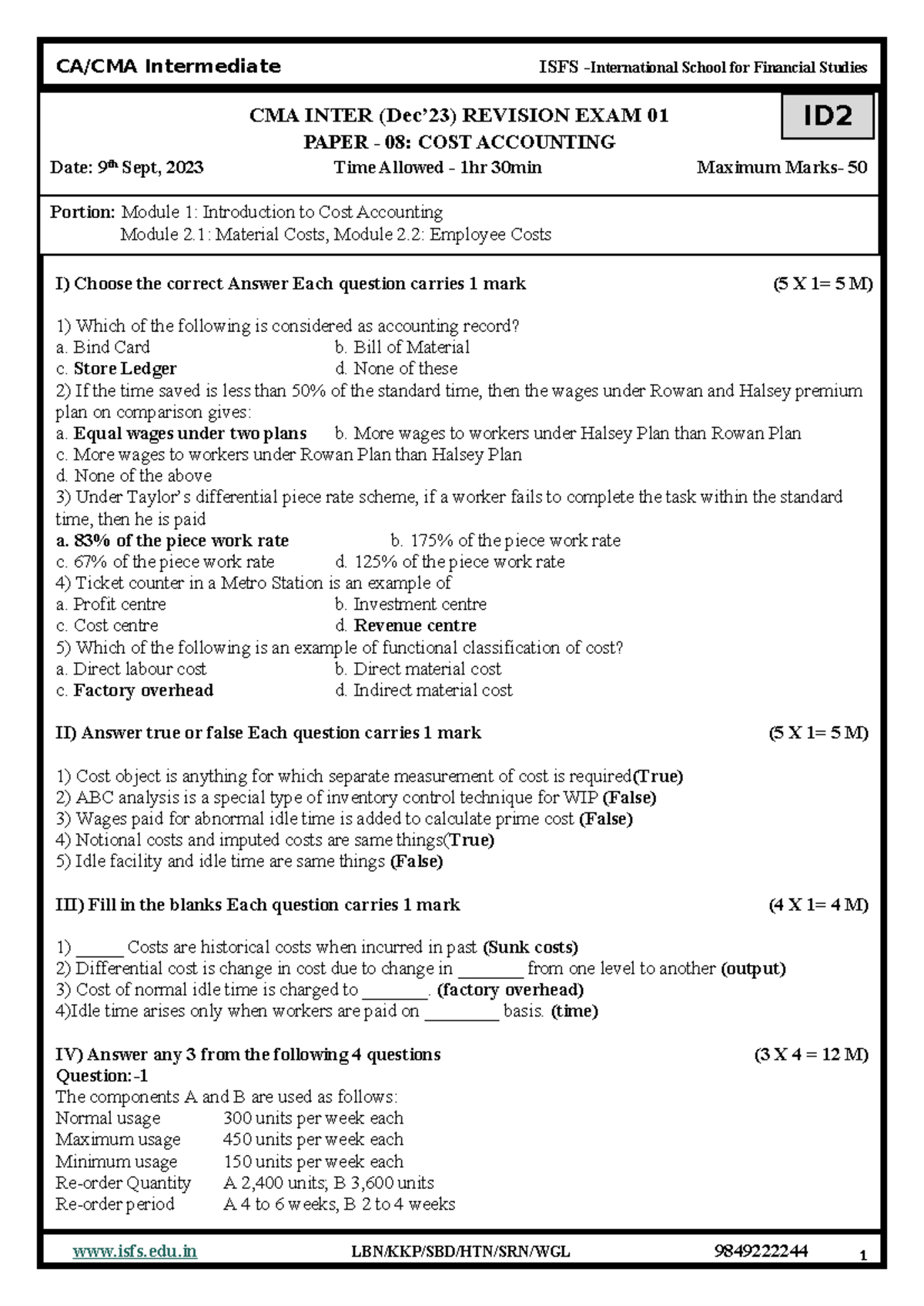 CMA INTER (Dec'23) Revision Exam 01 - Cost Accounting QP - Studocu