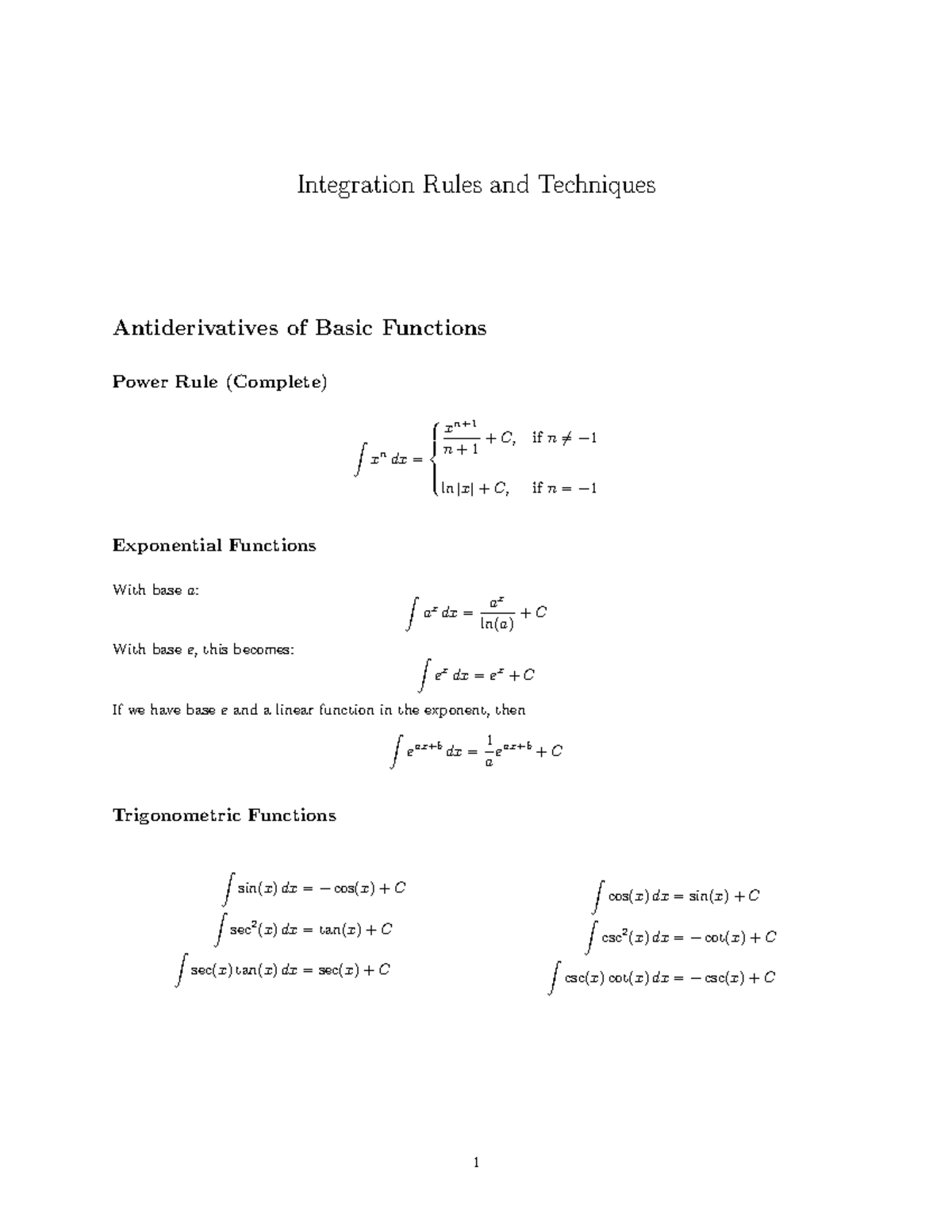 Integration Techniques Handout for Calculus 2 (Complete) - Studocu