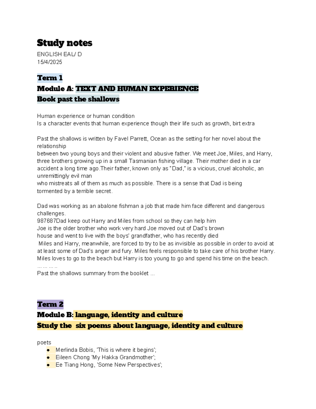 Study Notes for EAL/D: Language, Identity & Culture Poetry Analysis ...