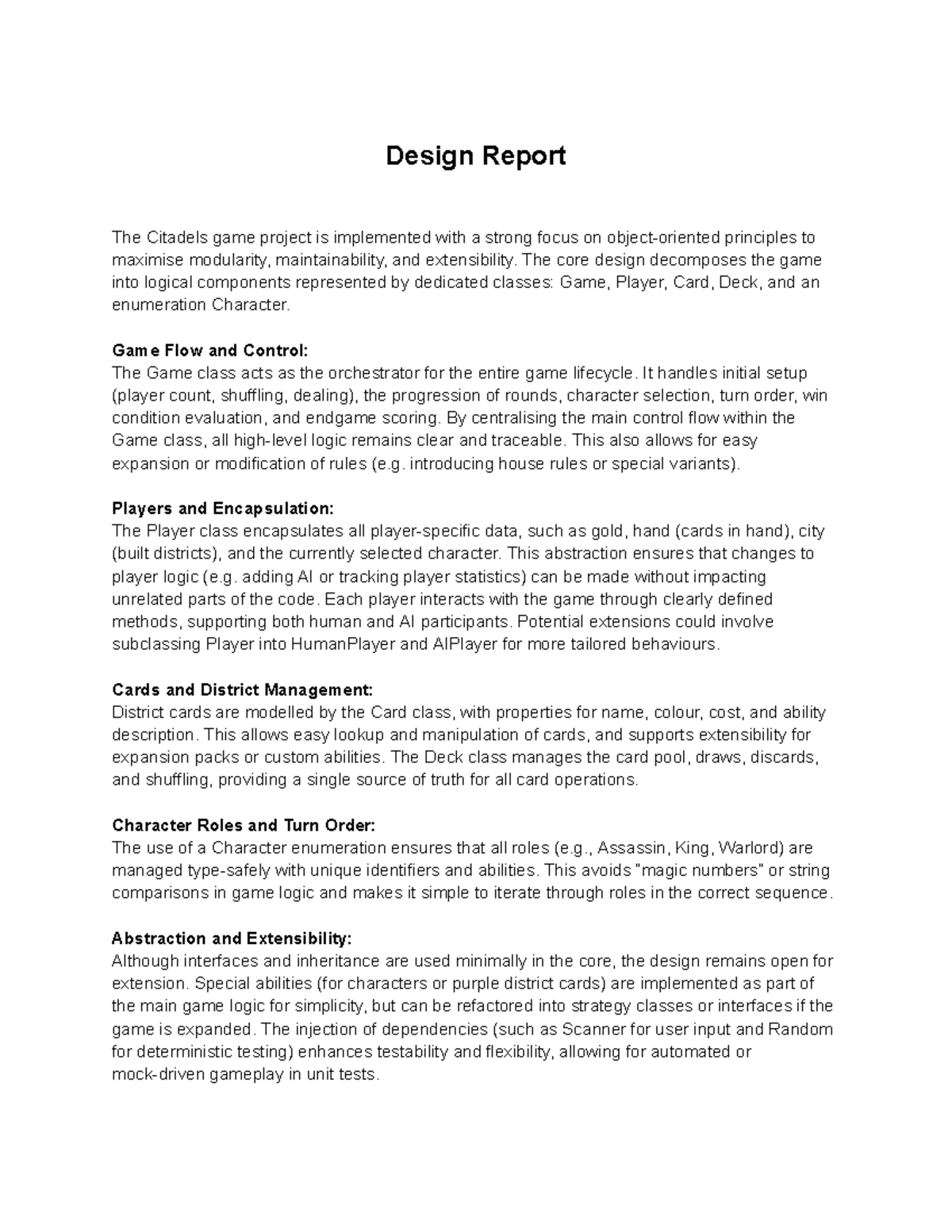 Design Report: Citadels Game Project Overview and Architecture - Studocu