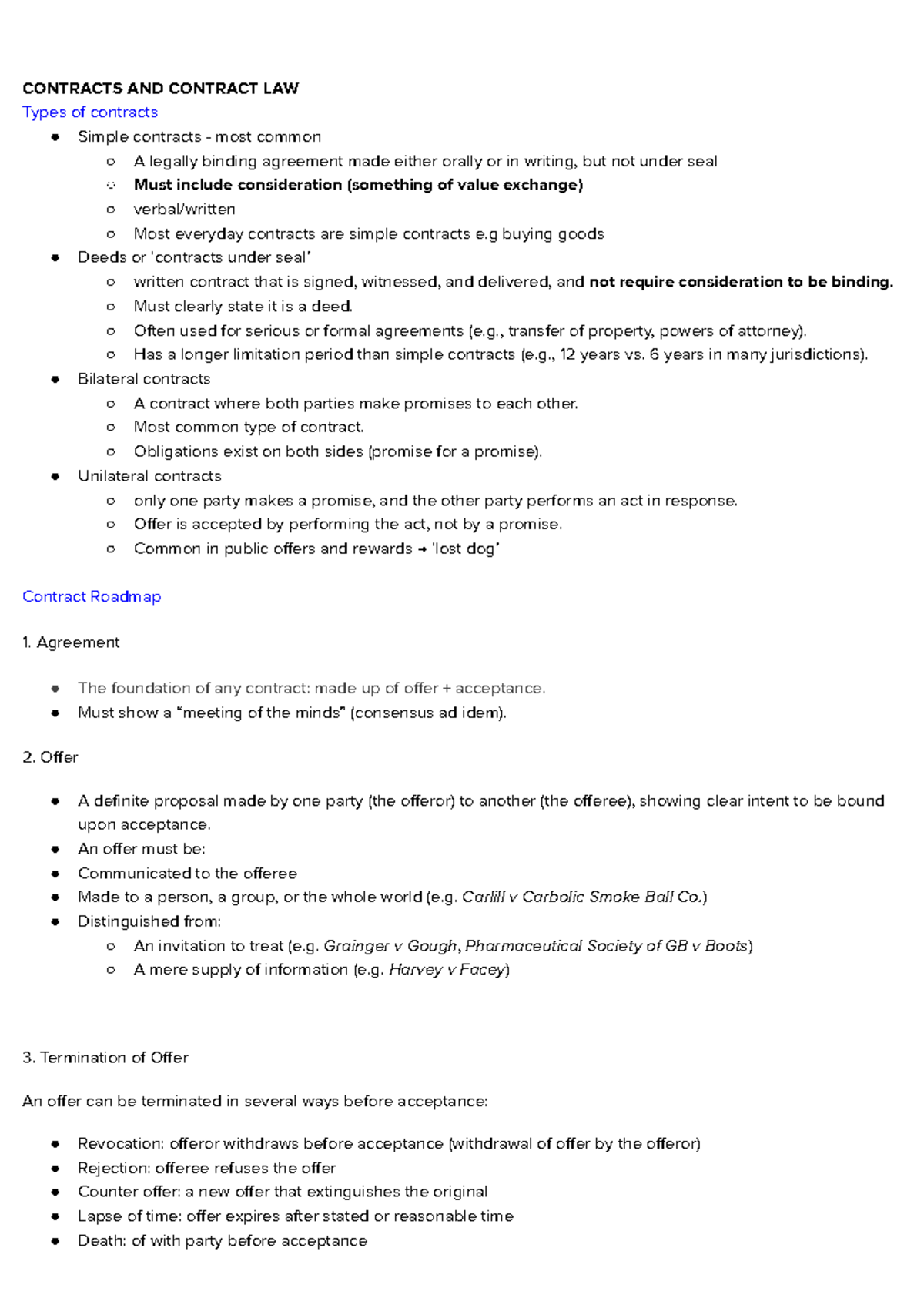 CLAW 1001 Final Exam Notes on Contracts and Contract Law - Studocu
