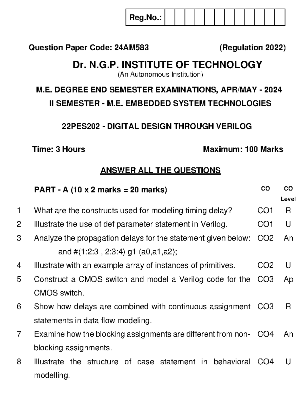 22PES202 M.E. Embedded Systems End Sem Exam QP - Digital Design Verilog ...