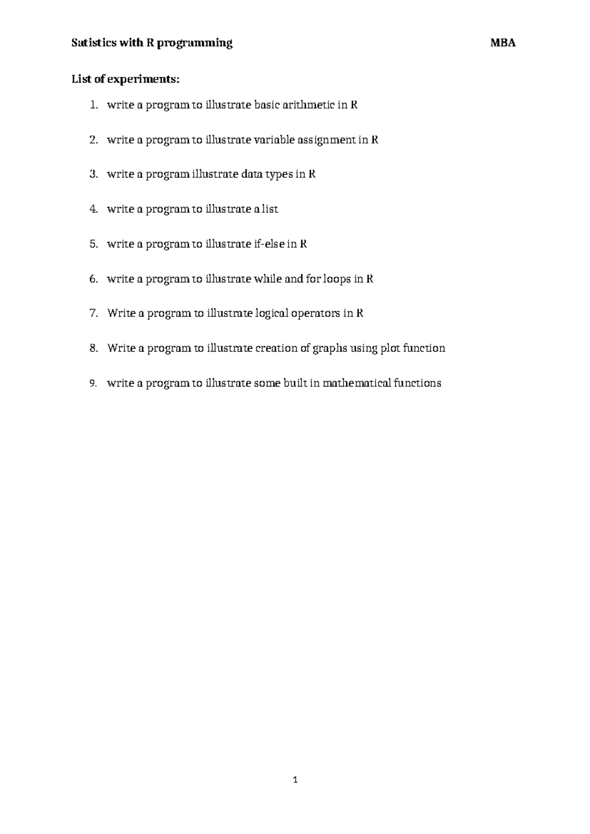 MBA R Programming Lab Manual: List of Experiments and Programs - Studocu