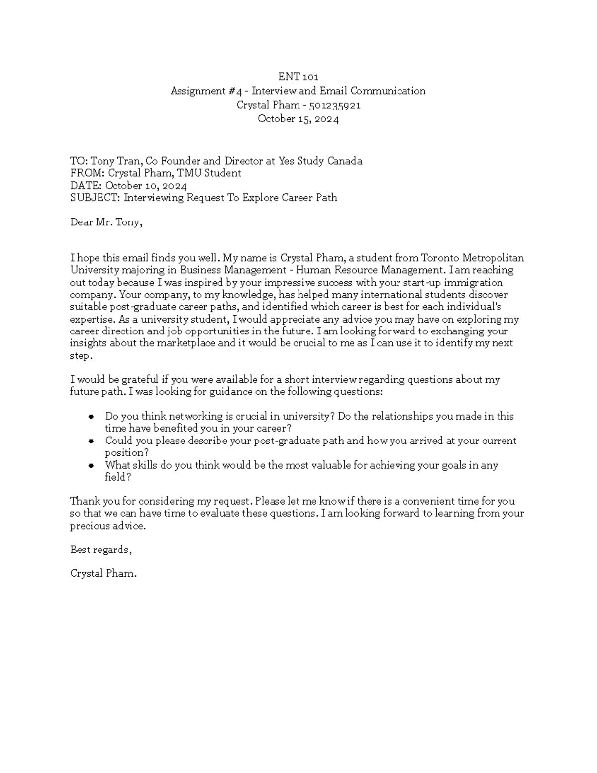 ENT 101 - Assignment 4 - ENT 101 Assignment #4 - Interview and Email ...