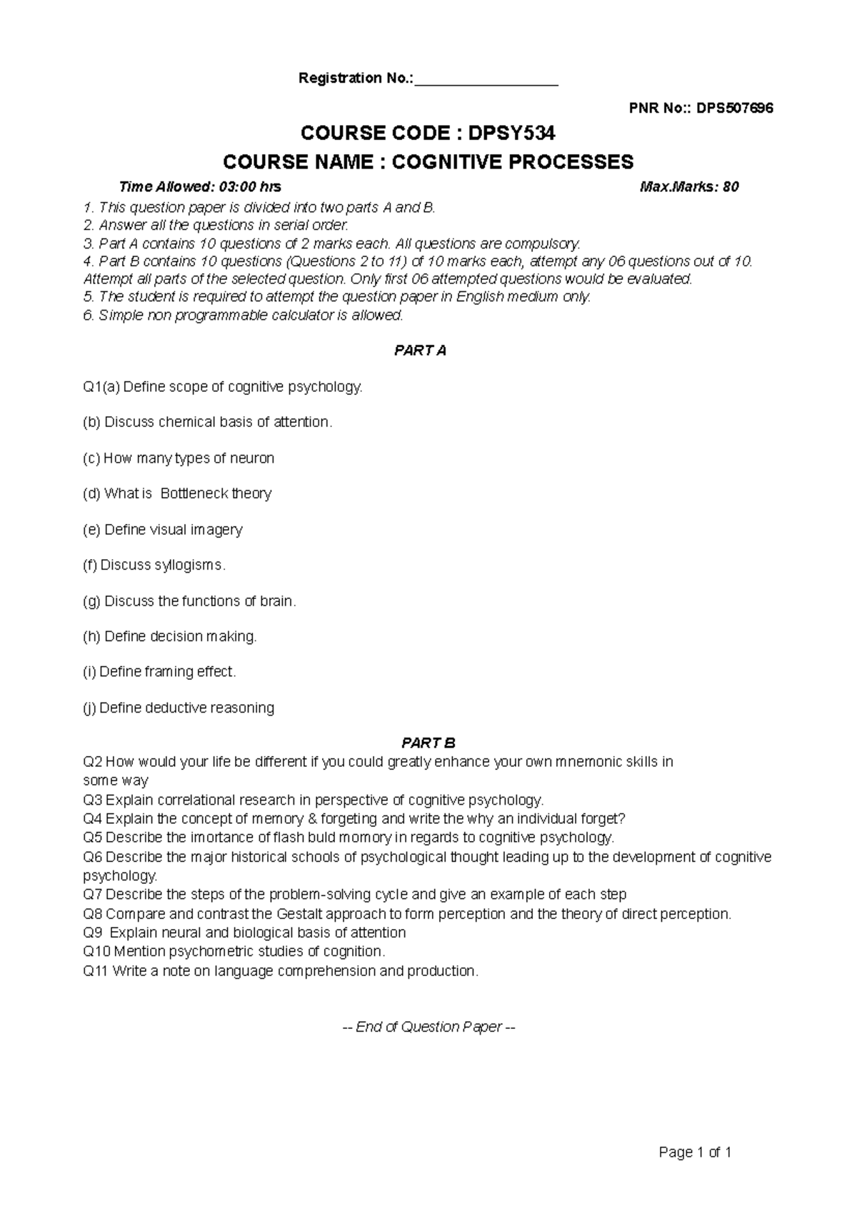 DPSY534 - Cognitive Processes Final Exam Question Paper - Studocu