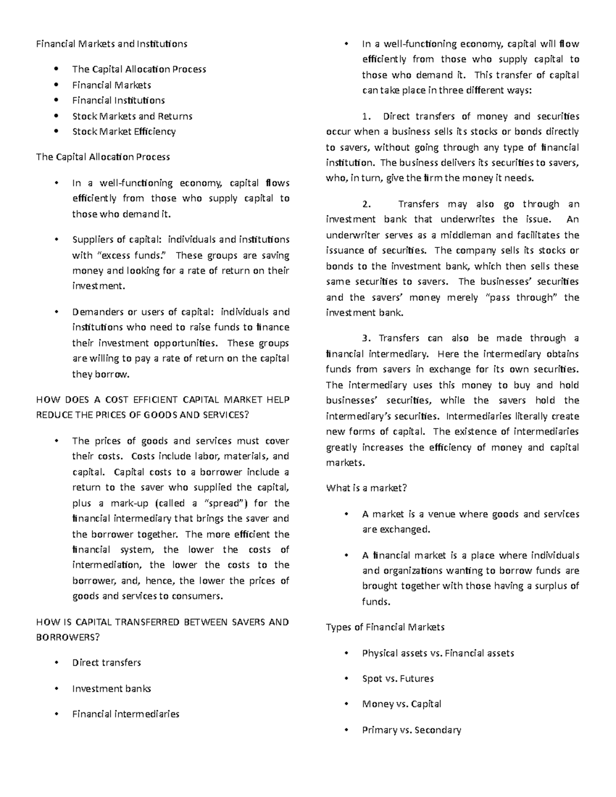 Finman- Lecture Notes on Financial Markets and Institutions - Studocu