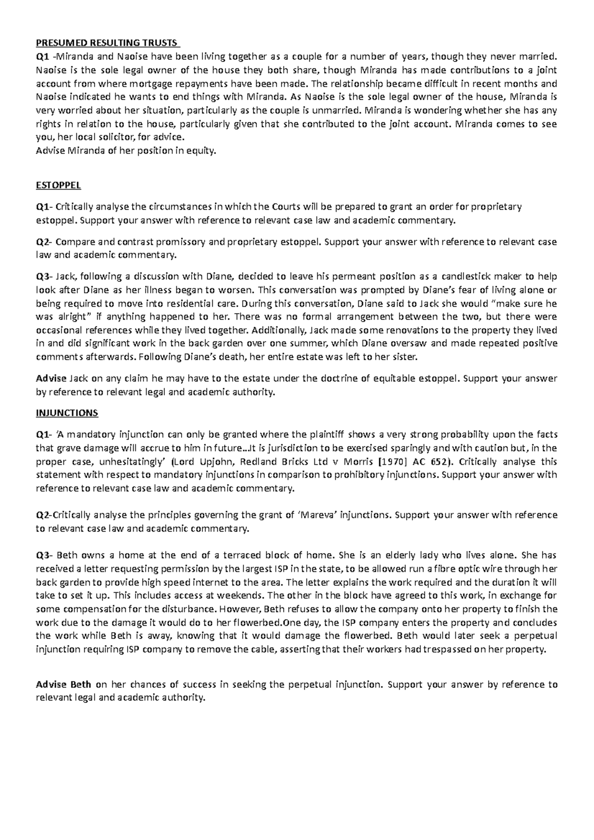 Equity exam questions - PRESUMED RESULTING TRUSTS Q1 -Miranda and ...