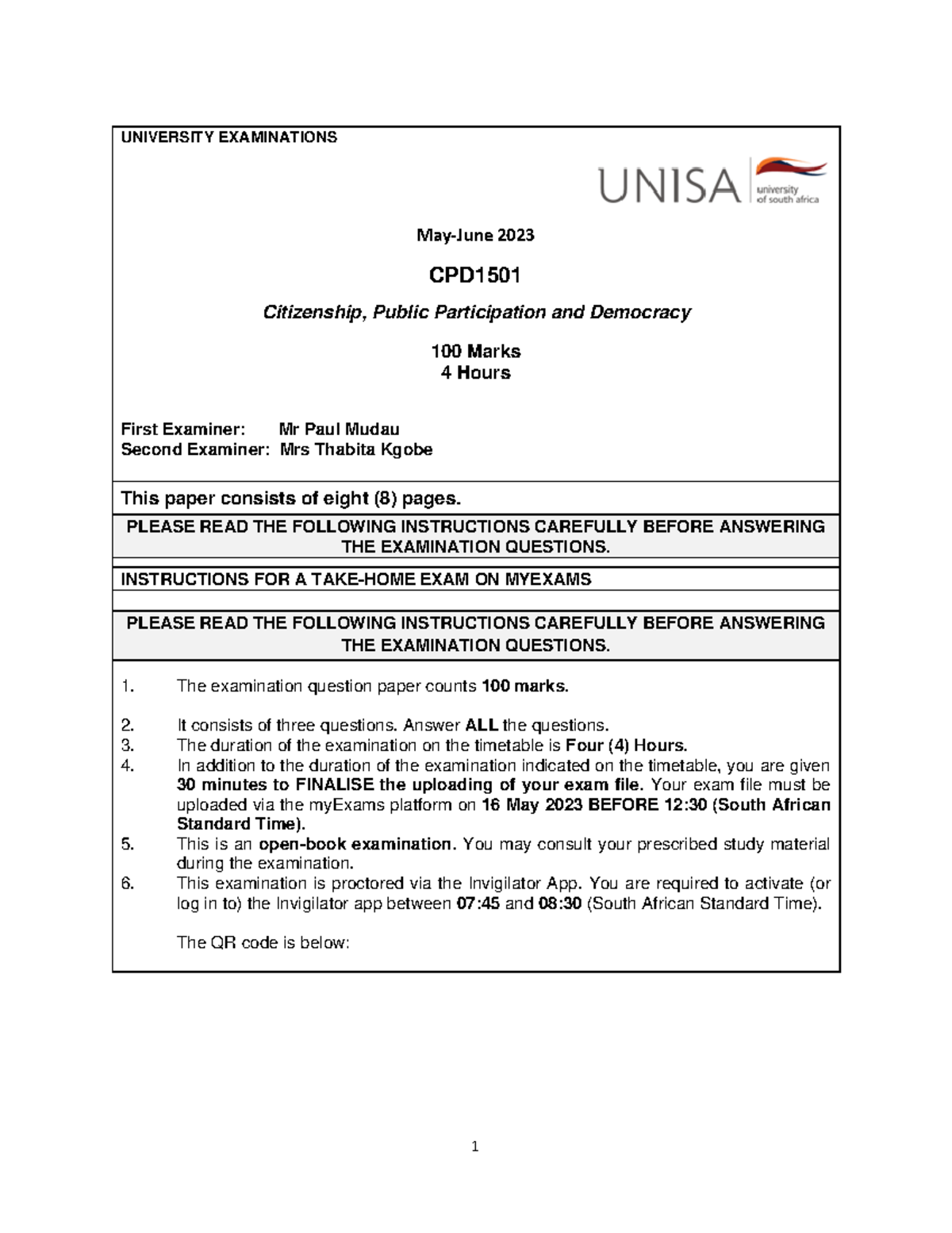 CPD1501 May-June 2023 Exam Question Paper: Citizenship & Democracy ...