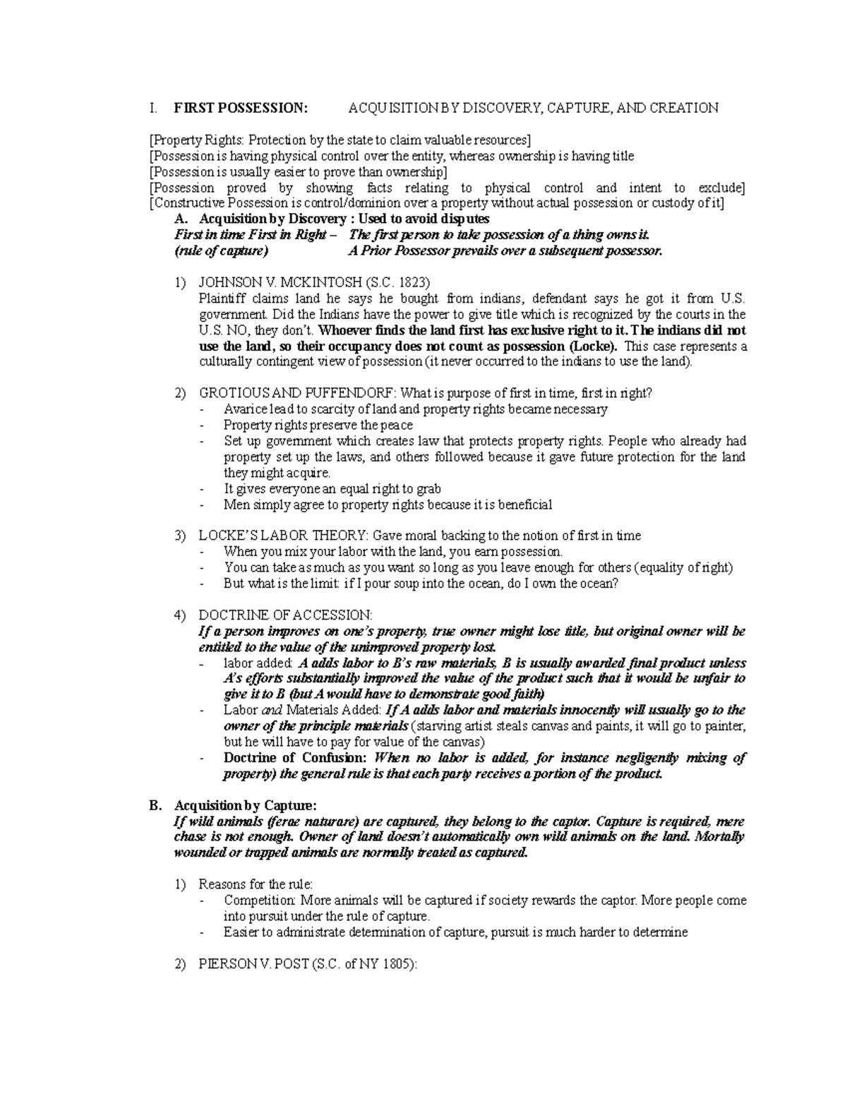 Property Law Outline - 2: Understanding First Possession and Capture ...