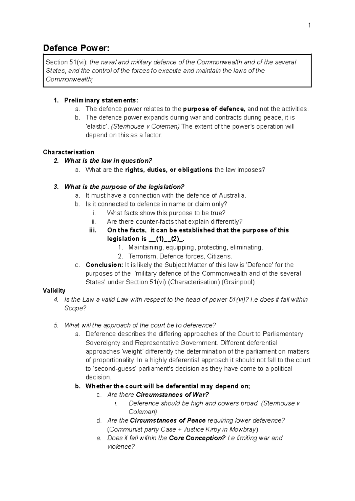 Exam Notes: Constitutional Law - Defence Power, Political Communication ...
