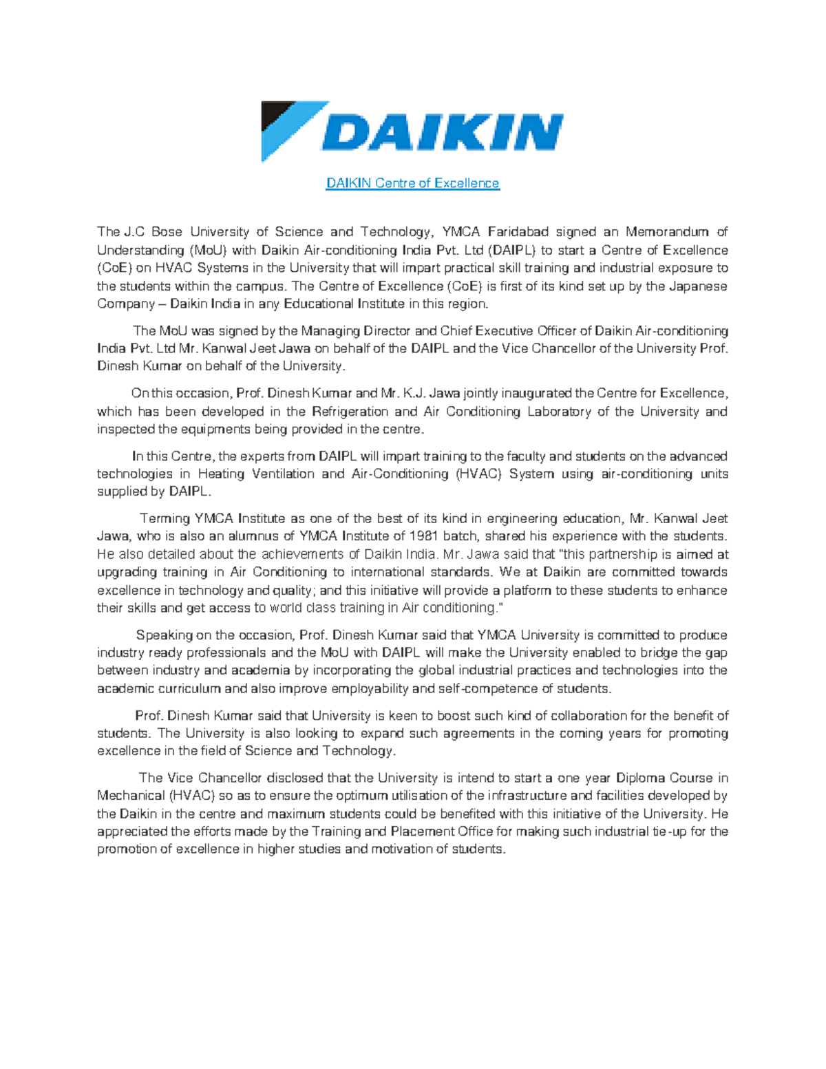 Daikin - ..hsjs - DAIKIN Centre of Excellence The J Bose University of ...