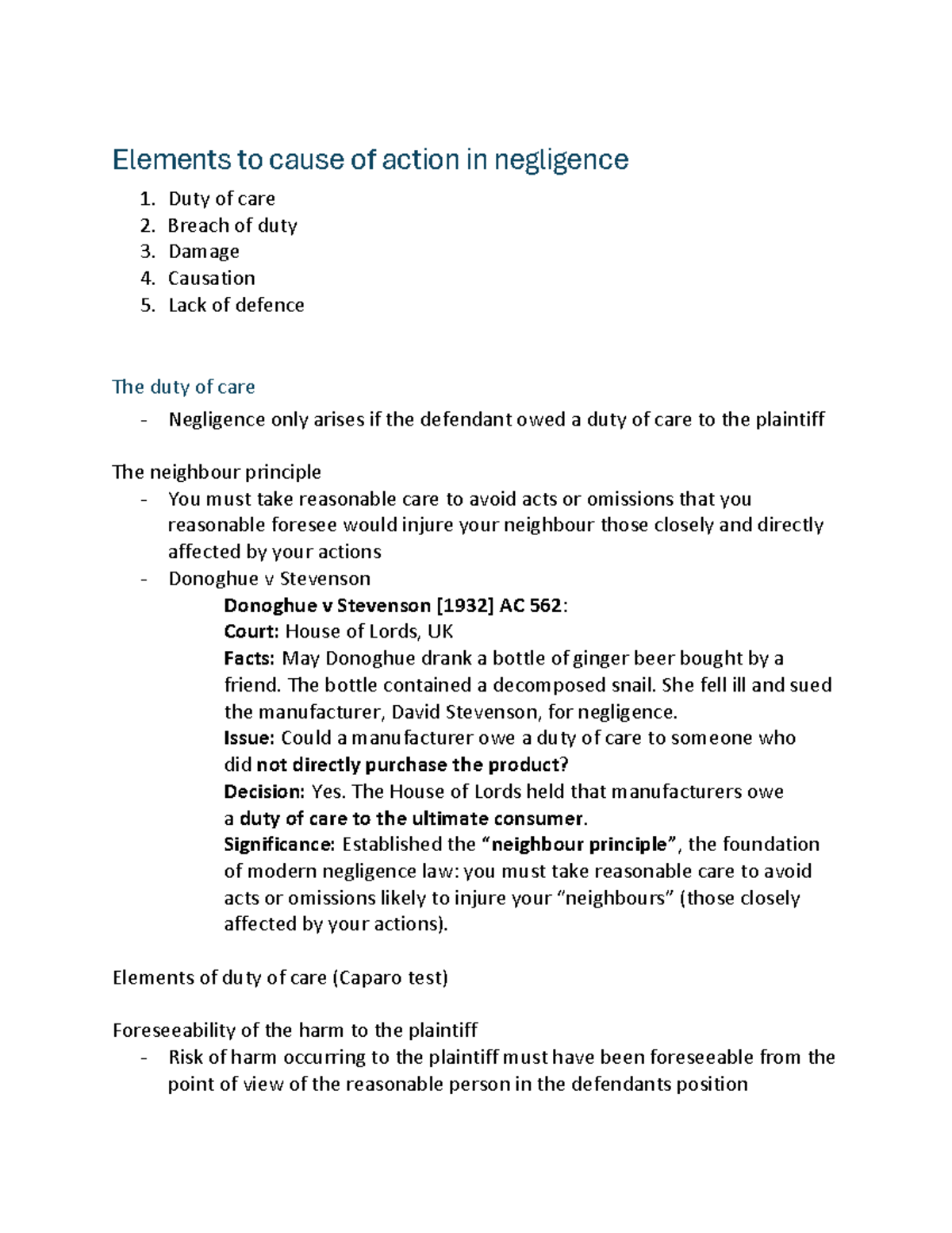 TORT 101: Key Notes on Negligence Elements and Case Law for Exam - Studocu