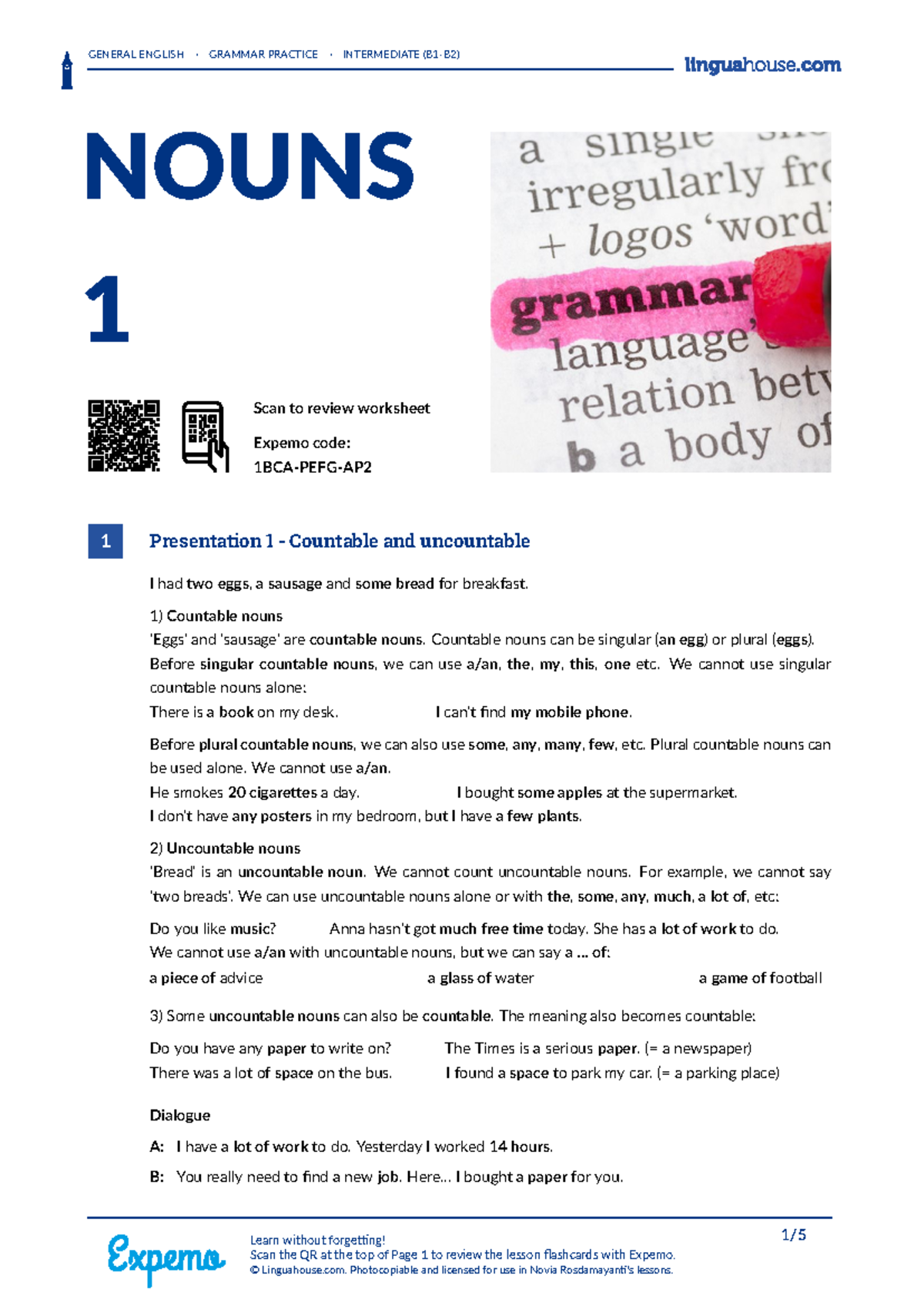 Nouns 1: Grammar Practice for Intermediate (B1-B2) Students - Studocu