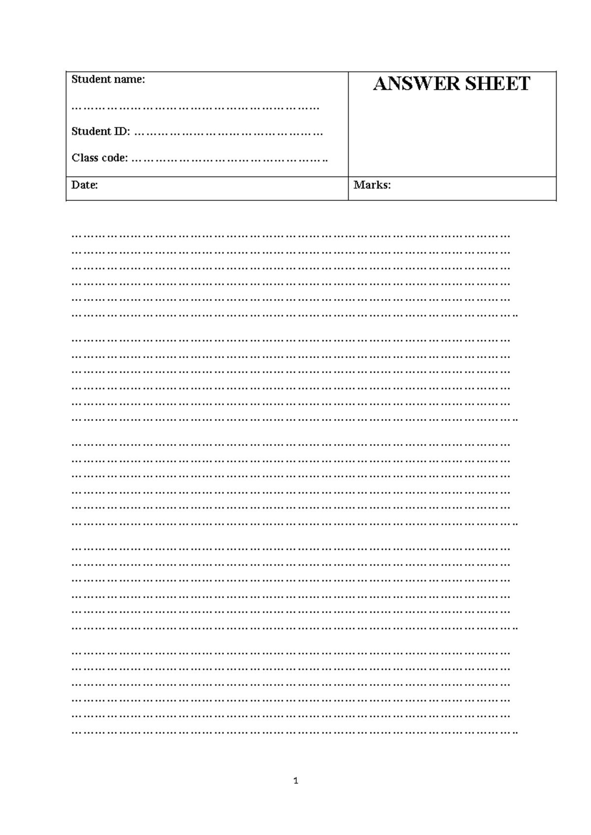 Answer sheet Updated - ................................ - Student name ...
