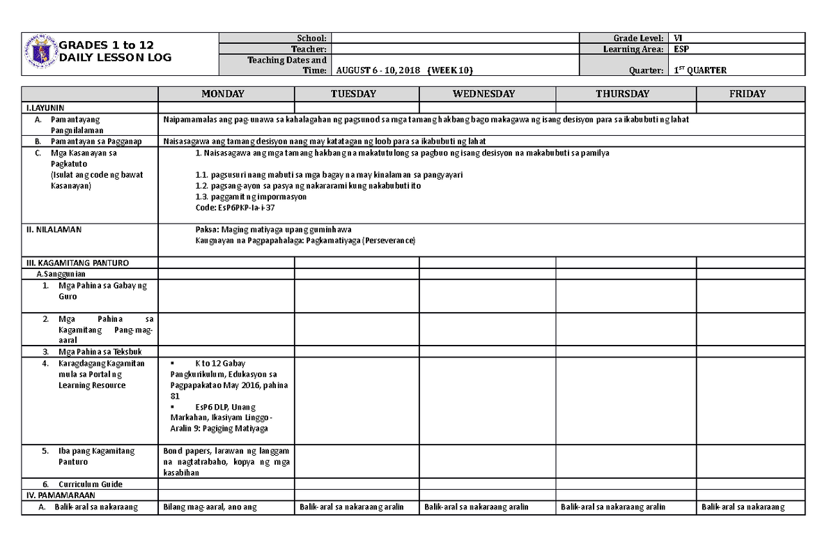 DLL ESP 6 Q1 W10 - Daily Lesson Log for Grade VI Students - Studocu