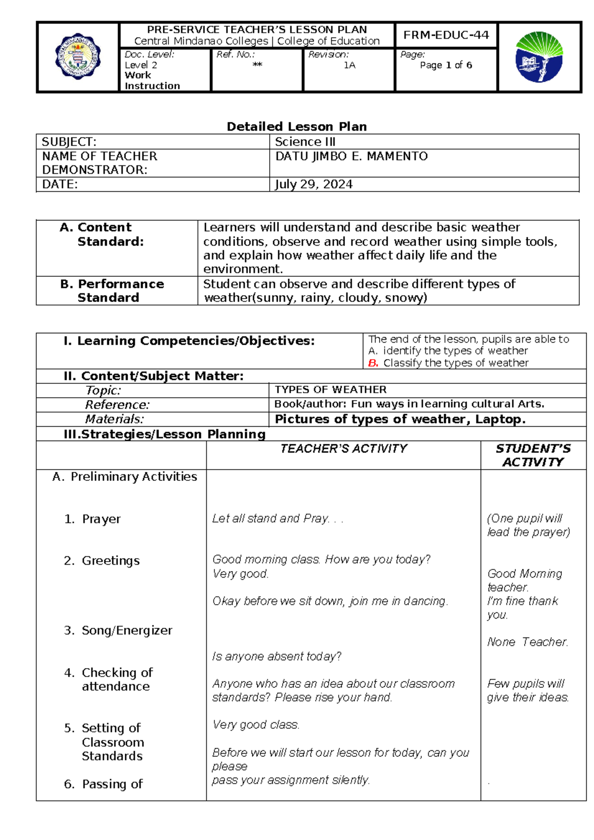 SCIE DLP - Lesson Plan for Science III on Types of Weather - Studocu