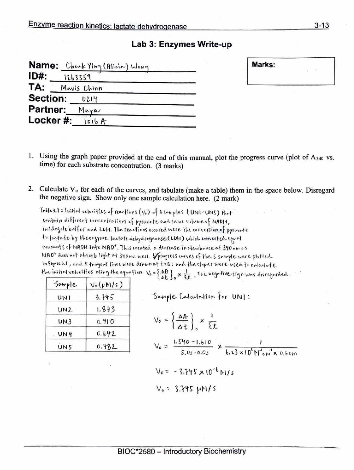 BIOC2580 Lab 3: Enzyme Reaction Kinetics of Lactate Dehydrogenase - Studocu