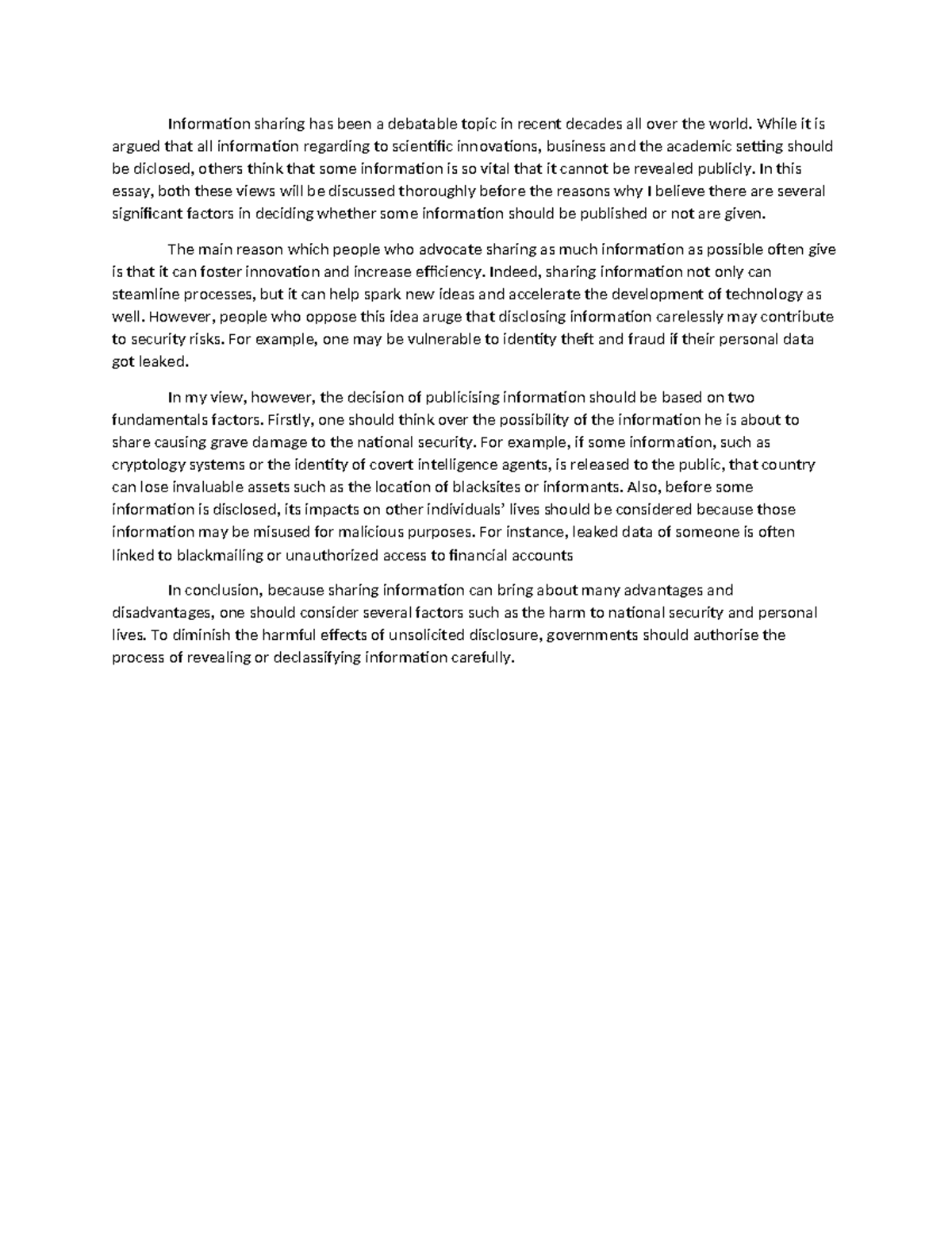 ENG 101: Essay on the Debate of Information Sharing and Security Risks ...