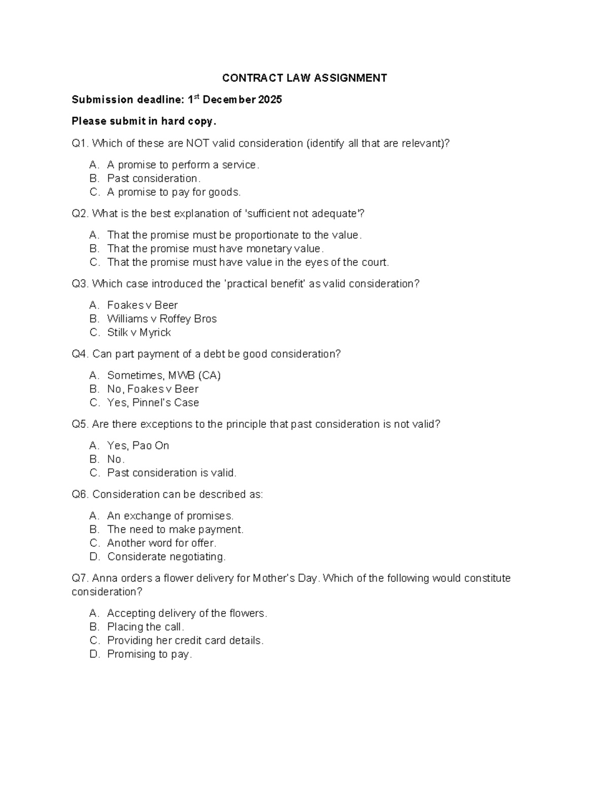 CONTRACT LAW ASSIGNMENT: Consideration MCQs for Review - Studocu