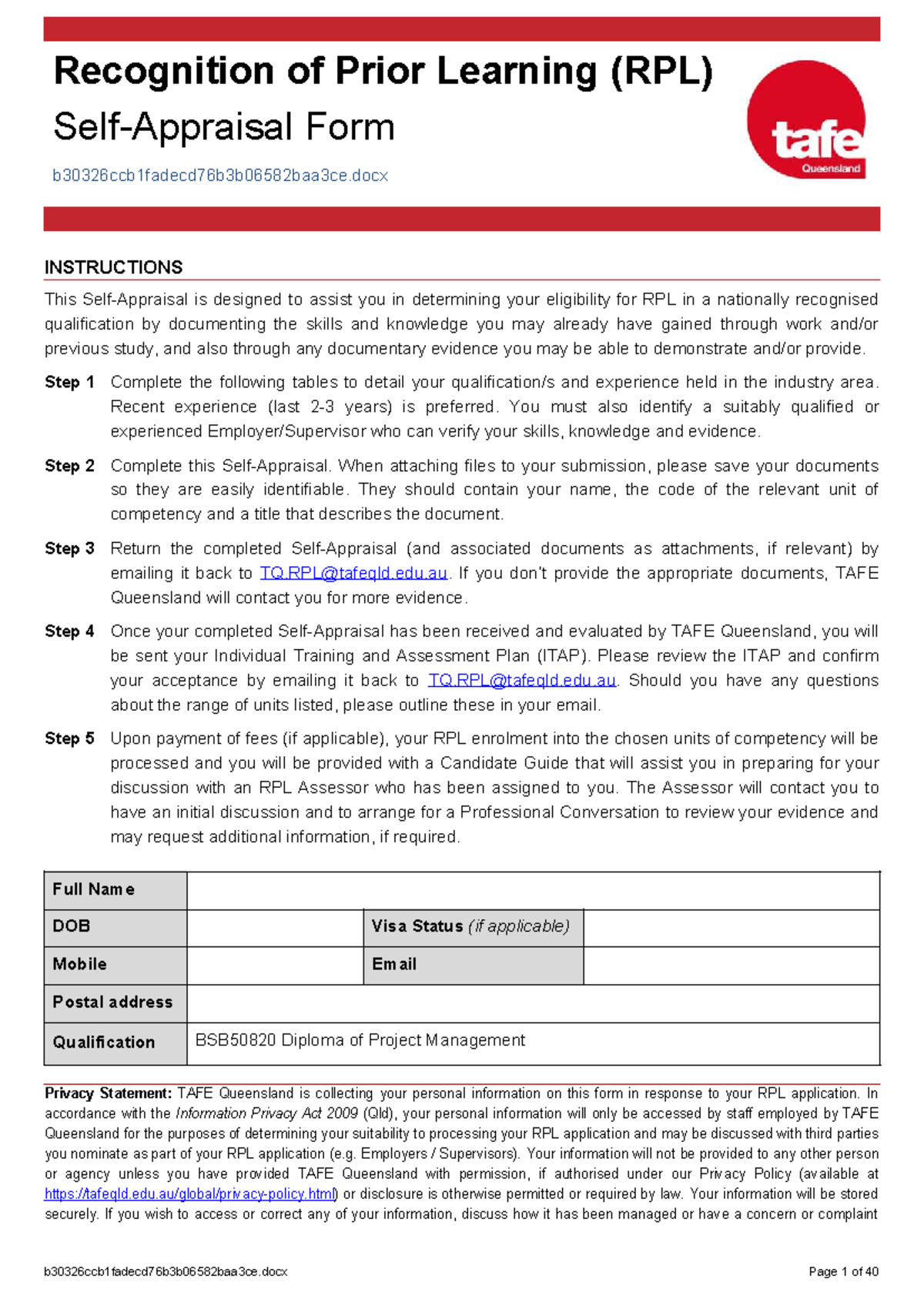 BSB50820 RPL Application Instructions and Guidelines - Studocu