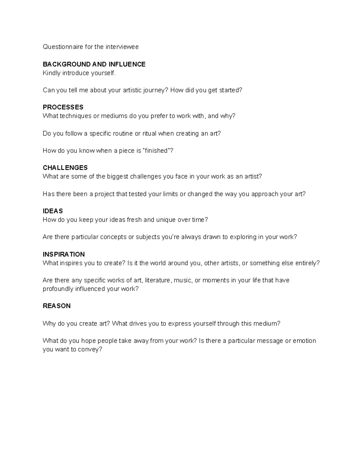 Questionnaire for the interviewee - Questionnaire for the interviewee ...