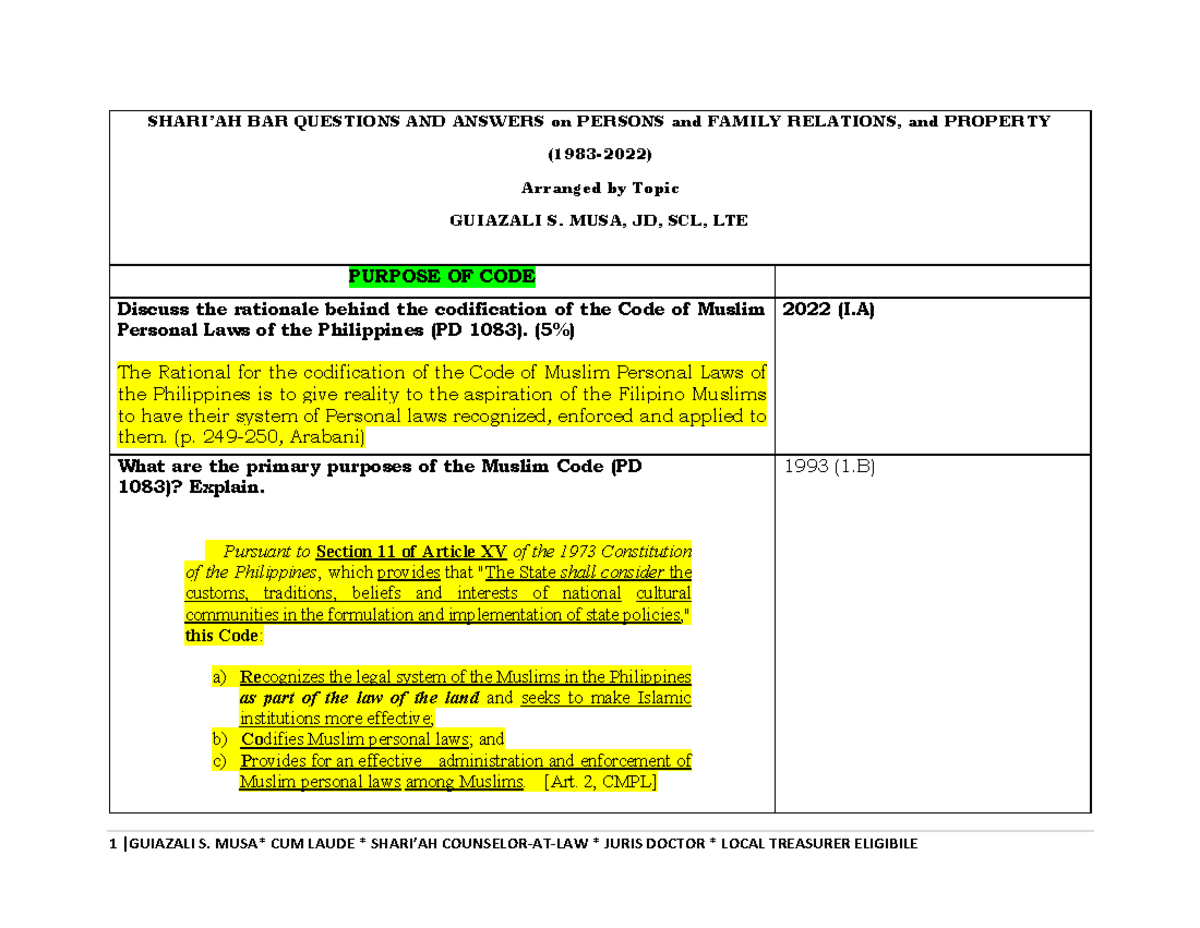 BAR QUESTIONS AND ANSWERS on PERSONS and FAMILY RELATIONS (PD 1083 ...
