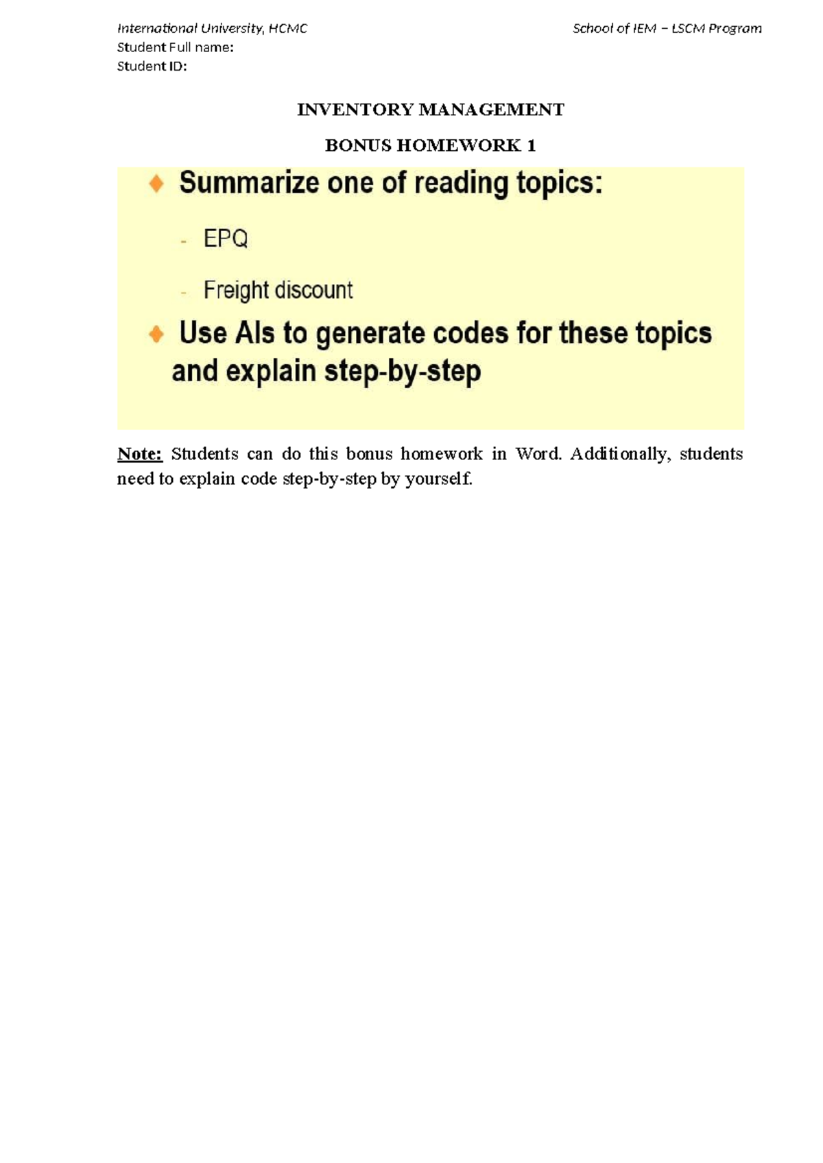 Inventory Bonus Homework 1 - Inventory management - International ...