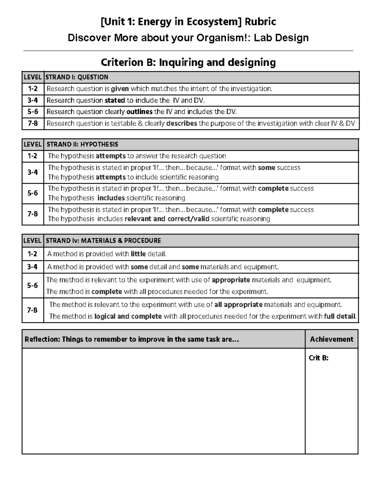 Unit 1 Ecology Lab: Criterion B Summative Rubric Assessment - Studocu