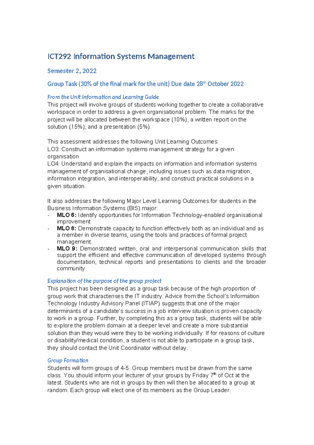 Group Task S2 2022 - ICT292 Information Systems Management Semester 2 ...