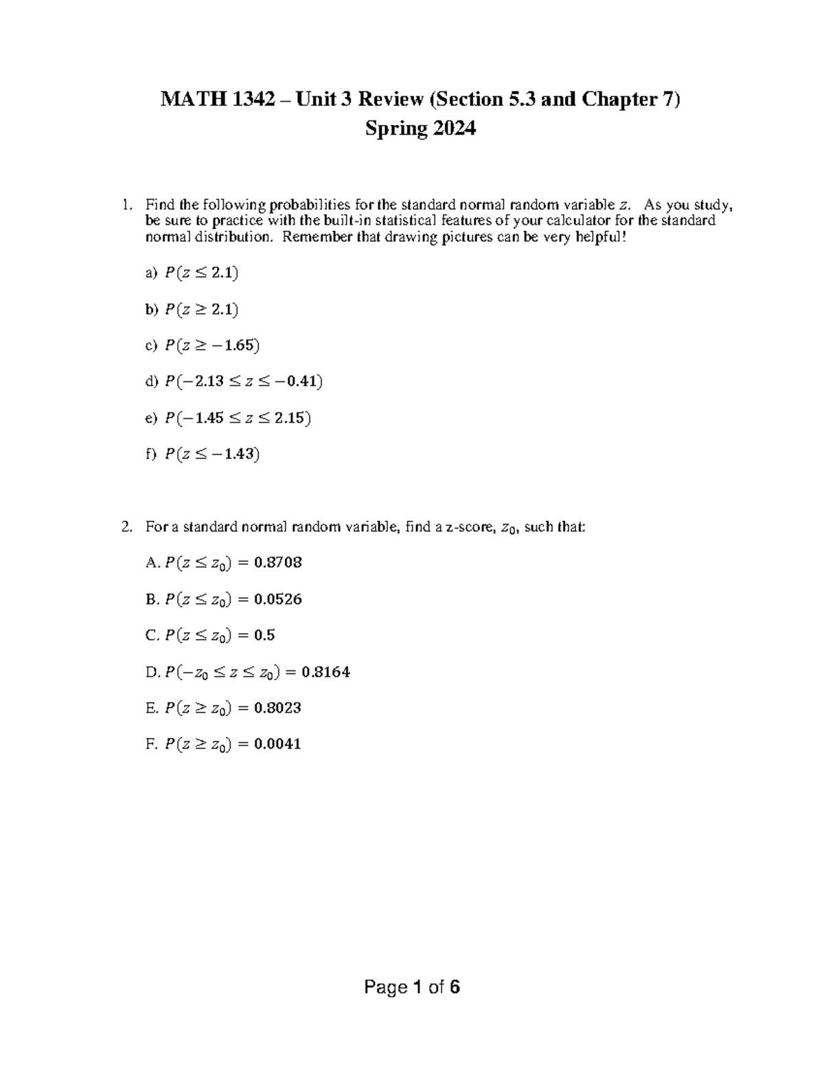 MATH 1342 Test 3 Departmental Review (Spring 2024) - Questions - Studocu