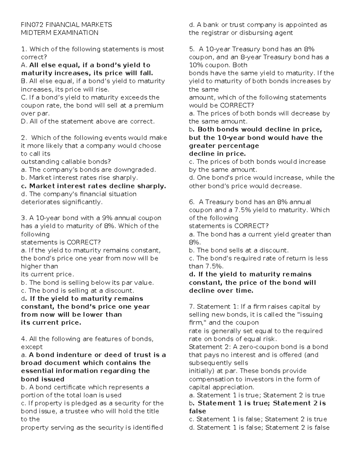 FIN072 FINANCIAL MARKETS MIDTERM EXAM ANSWERS - Studocu