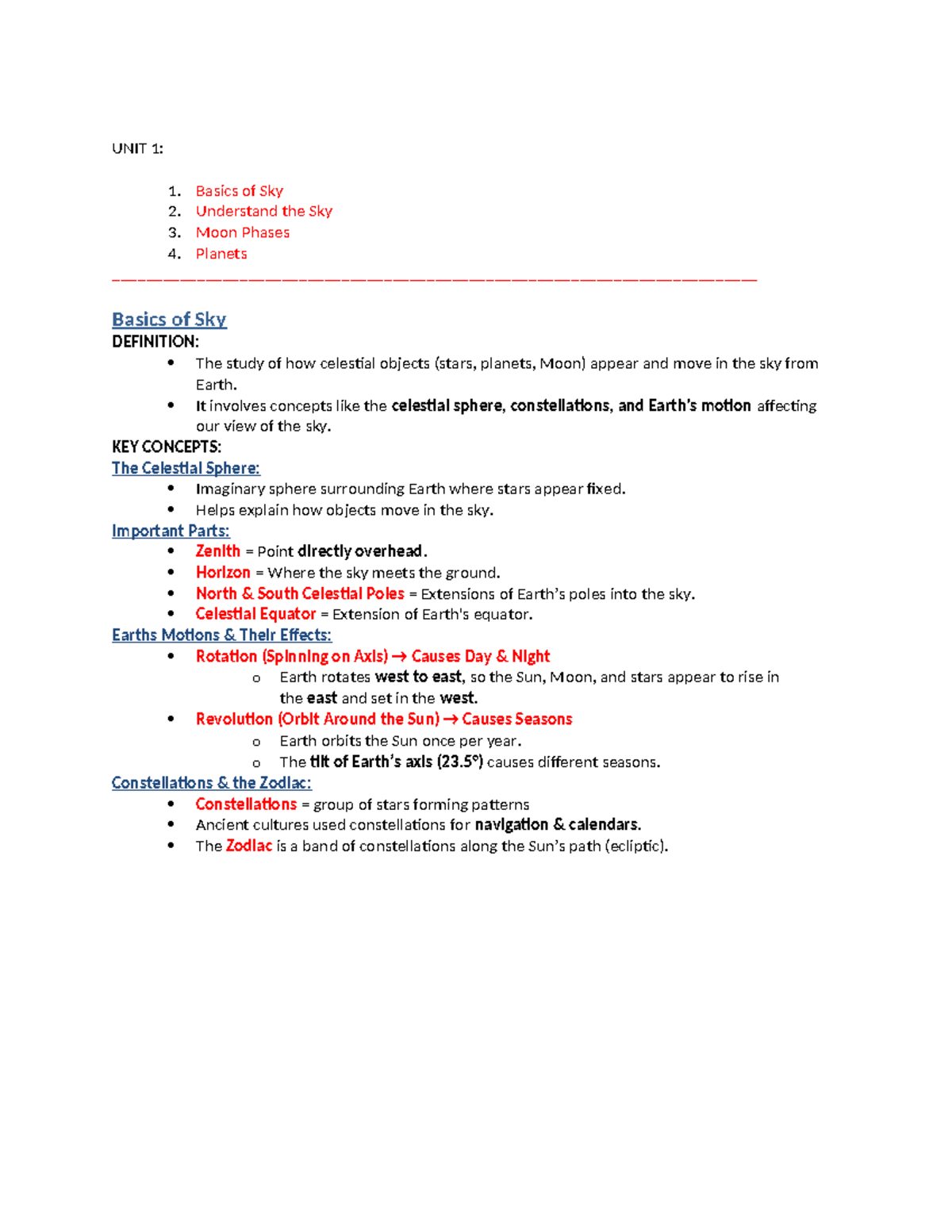 UNIT 1 - Topic 1, Unit 1 - UNIT 1: 1. Basics of Sky 2. Understand the ...