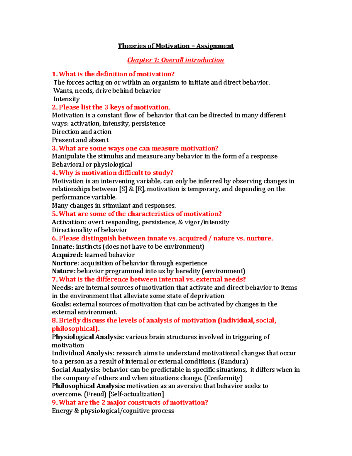 Motivation Class Assignment - Theories of Motivation – Assignment ...