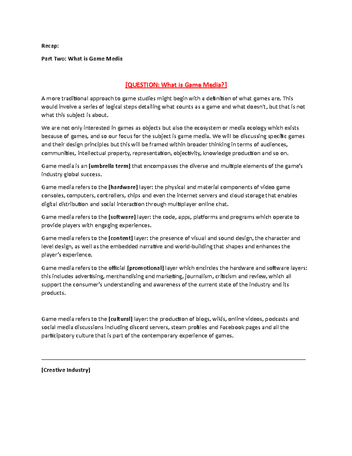 Tutorial Notes Week 1 What is Game Media - Recap: Part Two: What is ...
