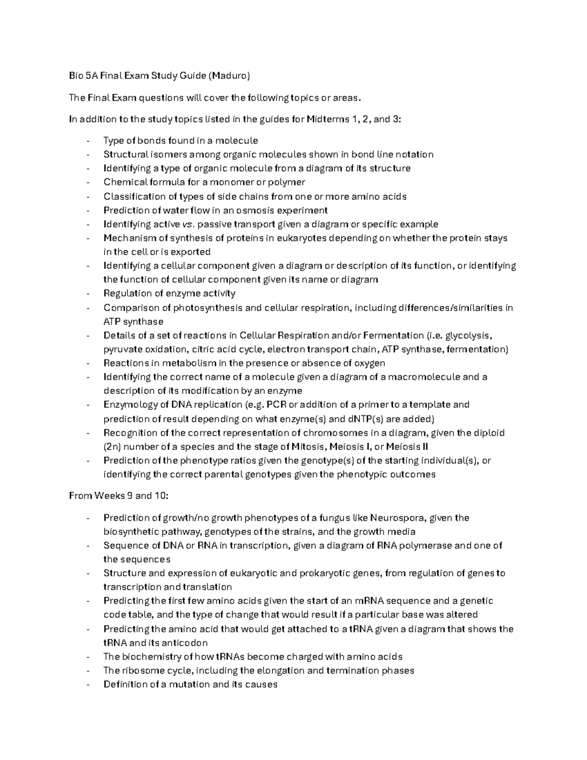 Bio 5A Final Exam Study Guide: Key Topics & Concepts Overview - Studocu