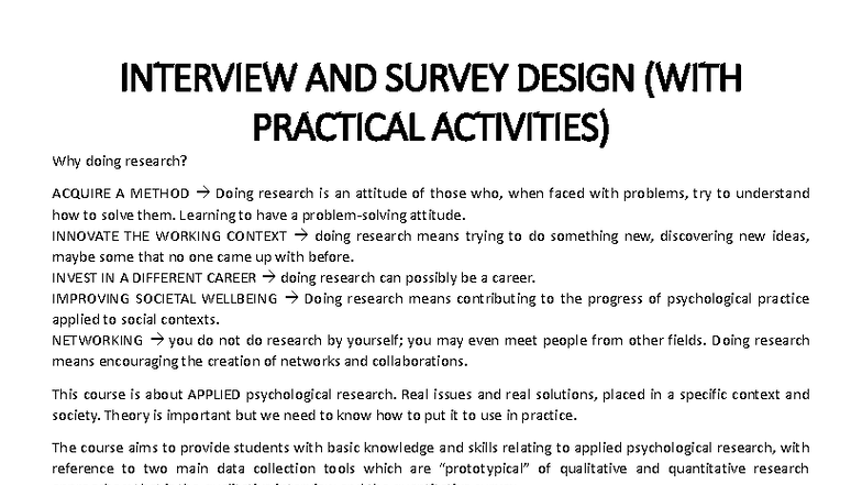 Applied Research Methods: Interview & Survey Design (2023/2024) - Studocu