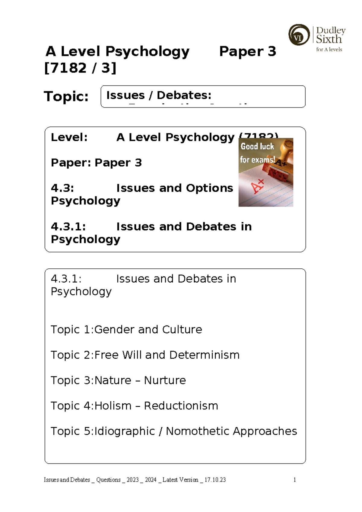 A Level Psychology Paper 3: Issues and Debates Question Booklet 2023 ...