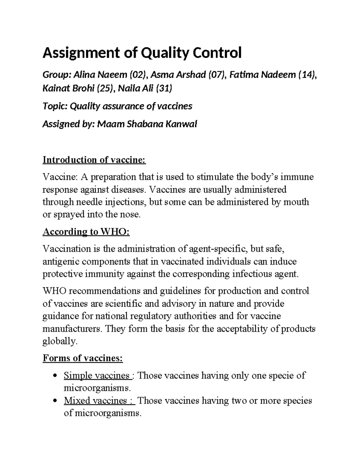 QC assignment - Notes - Assignment of Quality Control Group: Alina ...
