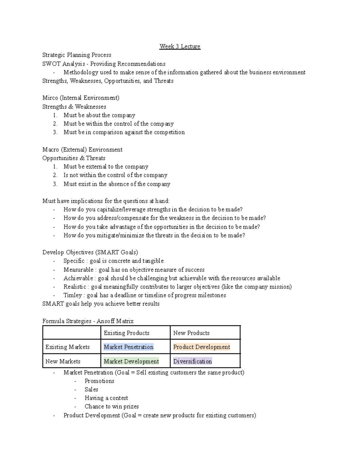 Week 3 MKT 100 Lecture Notes: Strategic Planning & SWOT Analysis - Studocu