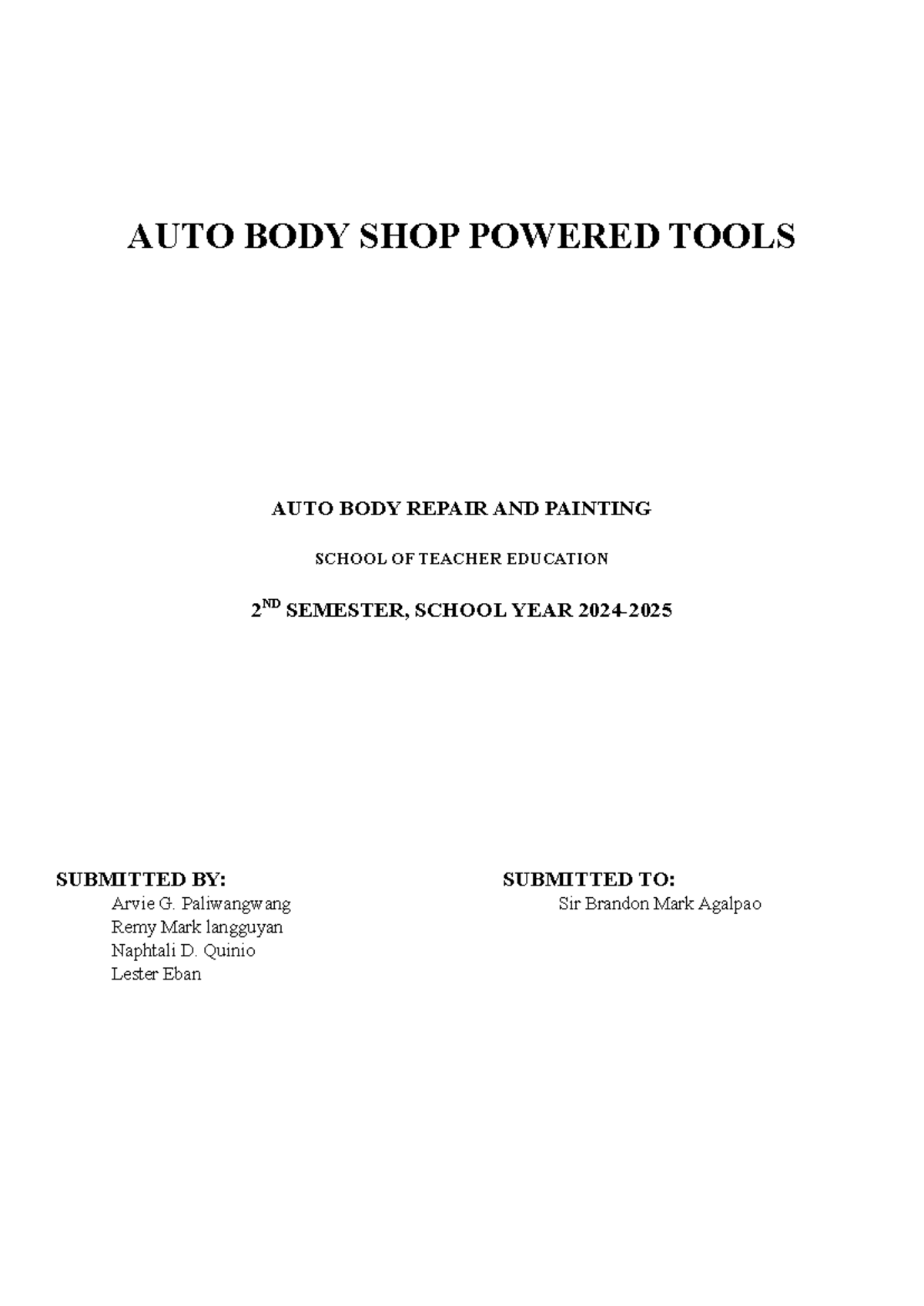Learning Objectives - lecture note - AUTO BODY SHOP POWERED TOOLS AUTO ...