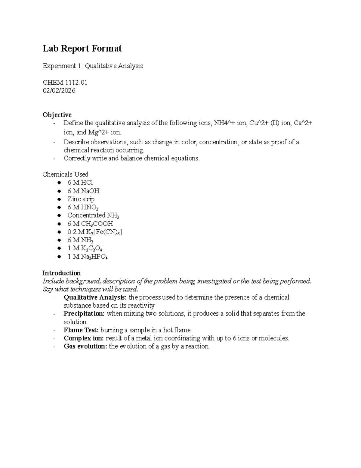 Lab Report 1: Qualitative Analysis in CHEM with Dr. Frank Dean - Studocu