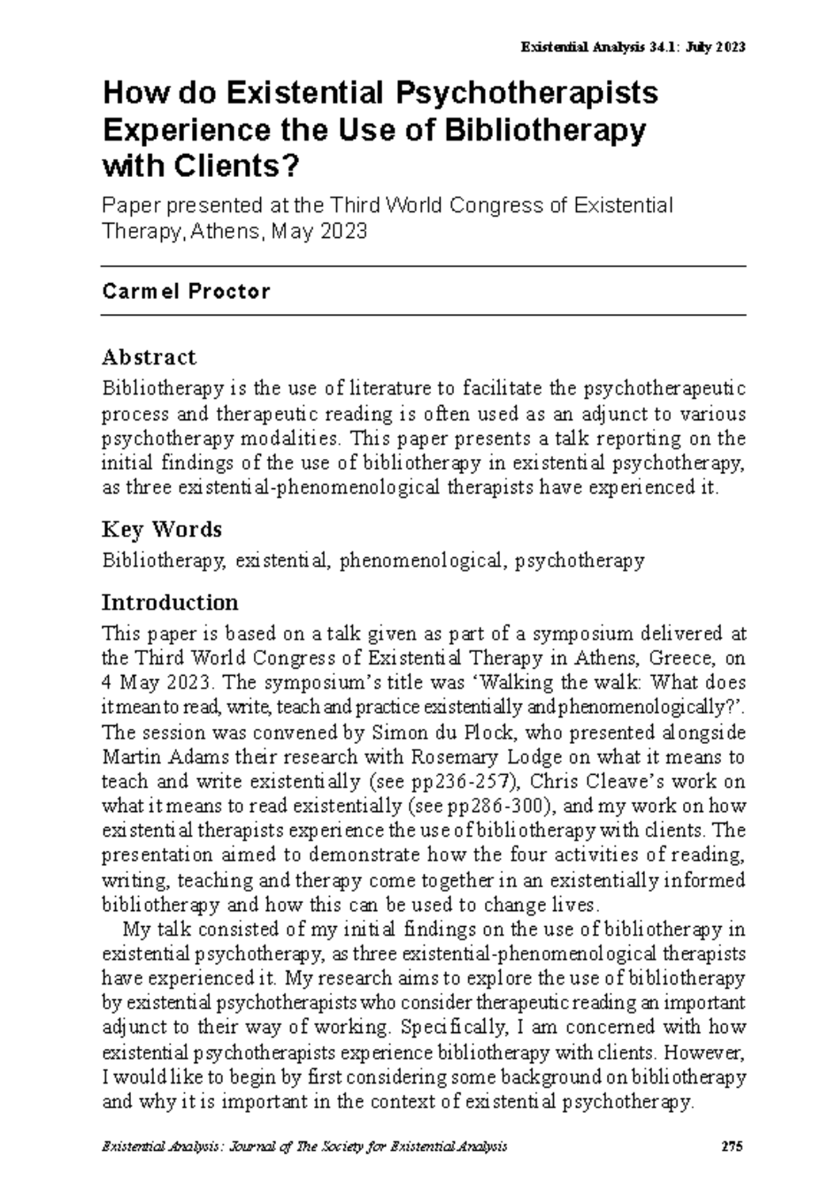 Existential Analysis 34.1: Bibliotherapy in Existential Psychotherapy ...